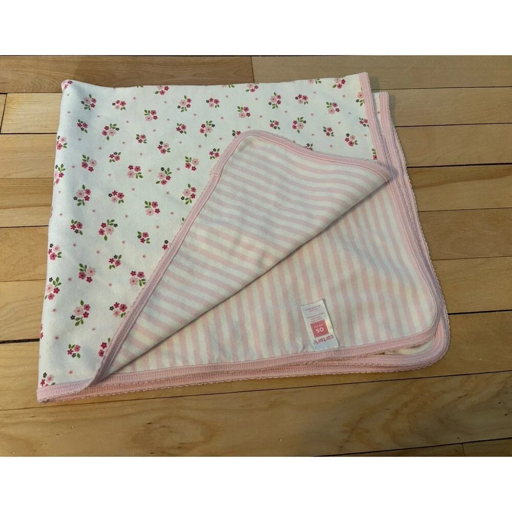 Carter’s Cotton baby Receiving Blanket Pink White Stripe Flower Floral rare